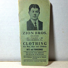 Zion Bros. Vintage Des Moines IA Clothing Advertising Pocket Notebook Green picture