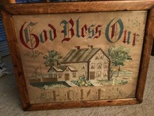 Antique Victorian Folk Art God Bless Our Home Embroidery Needlework On Paper picture