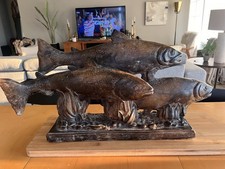 Vintage Attila Tivadar Trout Fish Sculpture MCM Cast Stone Faux Bronze AN-12 picture