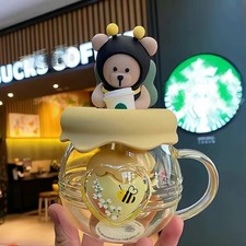 Starbucks Honey - Bee Bear Glass Cold-Drink Cup With Strawberry Tea Infuser 14oz picture