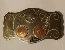 Comstock Silversmiths German Silver Western Americana Belt Buckle Coin Inlays picture