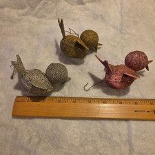 Vintage Sugared Bird Ornaments Lot of 3 Mica Glitter Pink Gold Silver Christmas picture