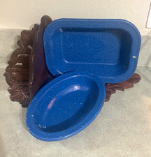 Vintage Set of 2 blue speckle enamelware pans. Oval and rectangle. Primitive  picture
