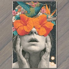 POSTCARD Woman Face Large Orange Flowers Hands Blue Hummingbird Dark Night picture