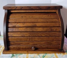 Vintage MCM Roll Top Bread Box Top Storage Primitive Rustic Farmhouse Dark Wood picture