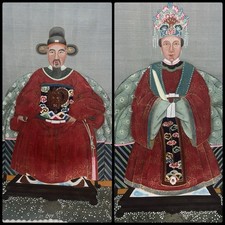 Elegant Mid-Century Chinese Ancestor Portrait Scrolls-Hand Painted Vintage Pair picture
