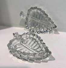 Unmarked 2pc Clear Pressed Crystal Glass Leaf Shape Trinket Tray Set picture