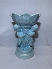 Vintage Blue Porcelain Cherub Pedestal Vase Compote Centerpiece Figurine 9” picture