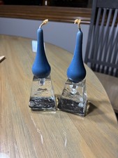 Beautiful MCM Set Of 2 Scandinavian Art Glass Cube Candle Holders W/ Candles picture