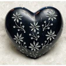 Vintage Hand Carved Heart Shaped Black Soapstone Paperweight w/White Accents picture
