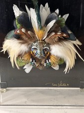 1991 Vintage Signed Robert Shield's Feathered Mask in Plexi Glass - Mixed Media picture