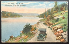1916 Long Lake WA Drive Near Spokane Vintage Car Scenic Postcard picture