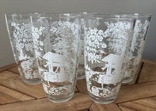 5 Vintage Wishing Well Floral Tree Water Glasses MCM Grannnycore Cottagcore SET picture
