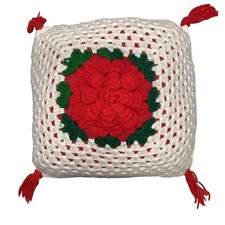 Vintage Granny Square Hand Made Crochet Pillow Roses (12” X 11”) Made W/ Love picture