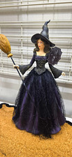 Bella Lux Halloween Witch Figurine 22 Elegant Purple Dress Black Lace Broom Gow picture