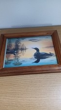 Vintage Framed Loon Family On Lake Picture Wall Decor picture