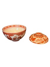 Vintage Japanese Kutani Porcelain Rice Bowl With Lid Red Geometric Scenic Design picture