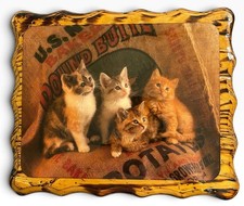 Vintage Wood Laquard Kittens Cats Art Home Wall Decor picture