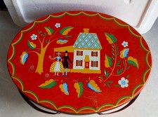 Vintage Red Oval Metal Lunch Box Tin Litho with Handles Primitive Dutch Folk Art picture