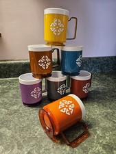 VTG Chalet Mugs Set of 7 MCM Insulated Plastic Footed Rainbow Harvest Colors USA picture