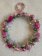 Lovely Vintage 4” Tinsel Christmas Wreath Ornament ~ Mercury Glass Beads (422) picture