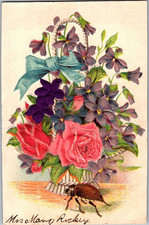 Vintage Victorian Postcard 1910 All Occasion - Vase of Flowers & Beetle picture