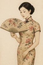 Old Shanghai Morden Girl  Floral And Calligraphy Folding Fan, with silk cover picture