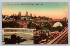 J91/ Kent Ohio Postcard c1910 Falls Bridge Church Buildings Railroad  349 picture