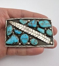 Vtg Angelita Cheama Zuni Sterling Silver Turquoise Cluster Belt Buckle 3