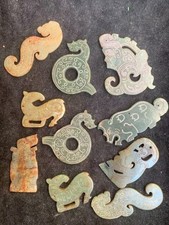 10Pcs Unique Chinese HeTain Old Jade Hand Carved Shang Animals 2Faces Pendants picture