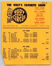 Rudy Bros. Circus 1962 Route Card 8th & 9th Week Schedule picture