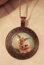 Sloped Swirl Rim Rnd Metal Beaded St Michael Archangel Goldtone Pendant Necklace picture