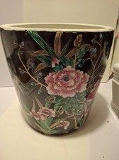 Mid-Century Chinese Export Porcelain Cachepot Pot, Original Labels, Famille Noir picture