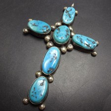 Vintage Navajo TOMMY LOWE Sterling Silver TURQUOISE CROSS PENDANT 3.5
