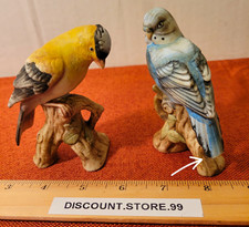 Porcelain Budgerigar Parakeet Bird Figurine Pair on Tree Stump Bases 🐦 HAS CHIP picture