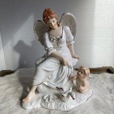 VTG O'Well Porcelain Angel Sitting on Pedestal ~ Dove ~ Cherub ~ White w/Gold picture