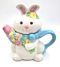 Bunny Rabbit Teapot Easter Spring Flower Bouquet Blue Ribbon 7 1/2 Inches High picture