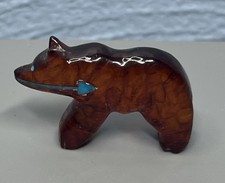 Vintage Zuni Fetish Carving Amber Bear Turquoise Inlaid Arrow Claws Grizzly picture
