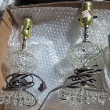 2 Vintage Clear Hobnail Glass Boudoir Lamp Stacked Diamond Point Square Base picture