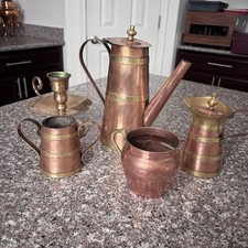 Antique Arts & Crafts Copper Brass Coffee Pot Pitcher Candlestick Set 5pc Lot picture