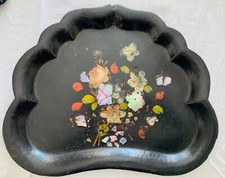 Antique Paper Mache Tray Victorian  Rare Hand Painted Flowers MOP 1800's picture