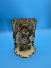 Antique German Stand-Up Valentine Card – Saxony Girl Basket Flowers c. 1905–1915 picture