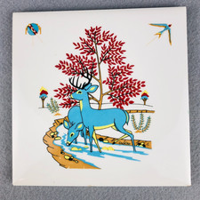 VTG 1970s Blue Deer Art Wall Tile Mesquakie Indian Settlement Native American picture
