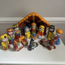 13 Pc Set Hand Painted Talavera Ceramic Christmas Nativity Colorful Complete picture