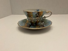 Vintage Japanese N Jewel Japan Teacup & Saucer Blue Floral Lustreware Gold Trim  picture