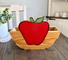 Vintage Wooden Red Apple Basket | Country Cottage Tabletop Mail Storage 10” picture
