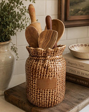 Vintage McCoy Burlap Sack Cookie Jar Base / Utensil Crock #158 – Brown Glaze picture