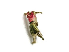 Vintage Woman Golfer Pin Brooch Gold Tone Enameled Red & Green Golfing Swing picture