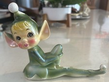 Rare Vintage Ceramic Pixie Elf Figurine Knee Up 1950s Mid-Century Green Japan picture
