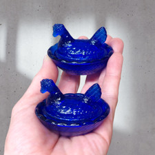 2 Hen on Nest Mini Chicken Salt Dish, Cobalt Blue Depression Style Glass Kitchen picture